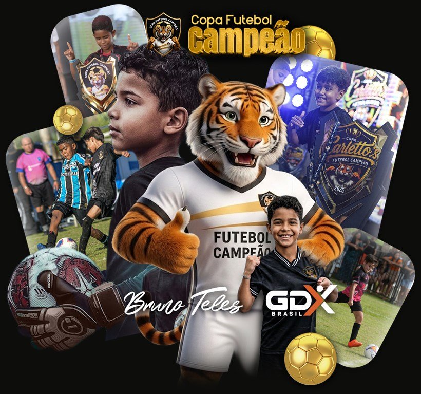 Colagem da Copa Futebol Campeão: o mascote Tigrão, atletas em campo, goleiro defendendo e os troféus da competição