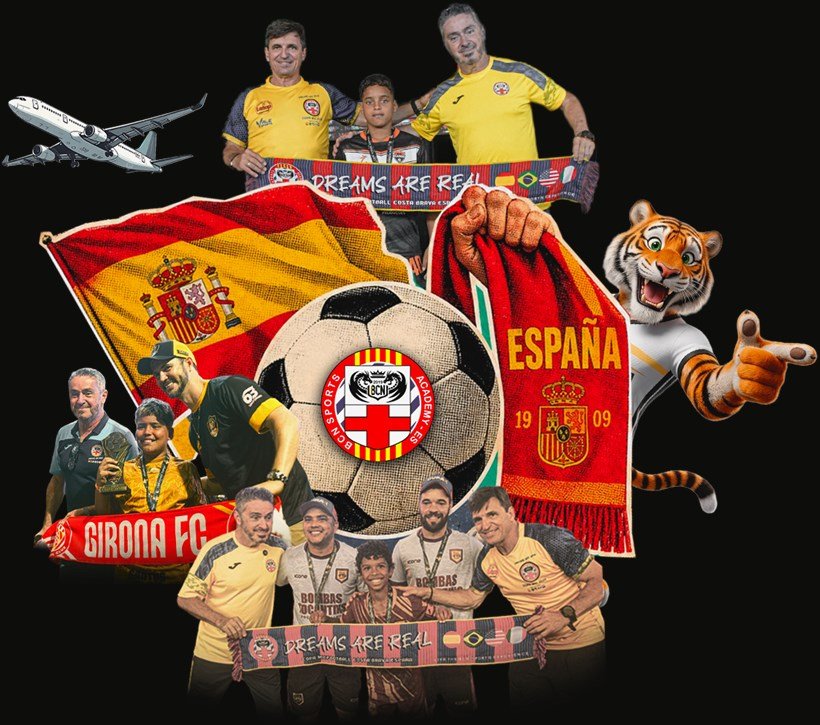 Colagem da premiação: bandeira da Espanha, escudo da BCN Sports Academy, cachecóis do MICFootball e do Girona FC, e atletas da Copa com a comissão espanhola